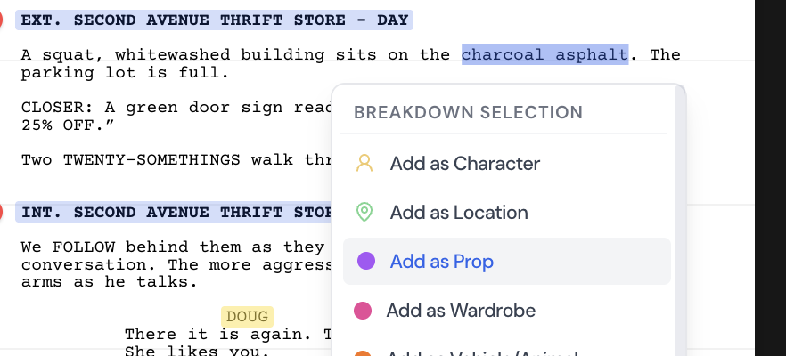 Screenshot: Props Highlighted in Script
