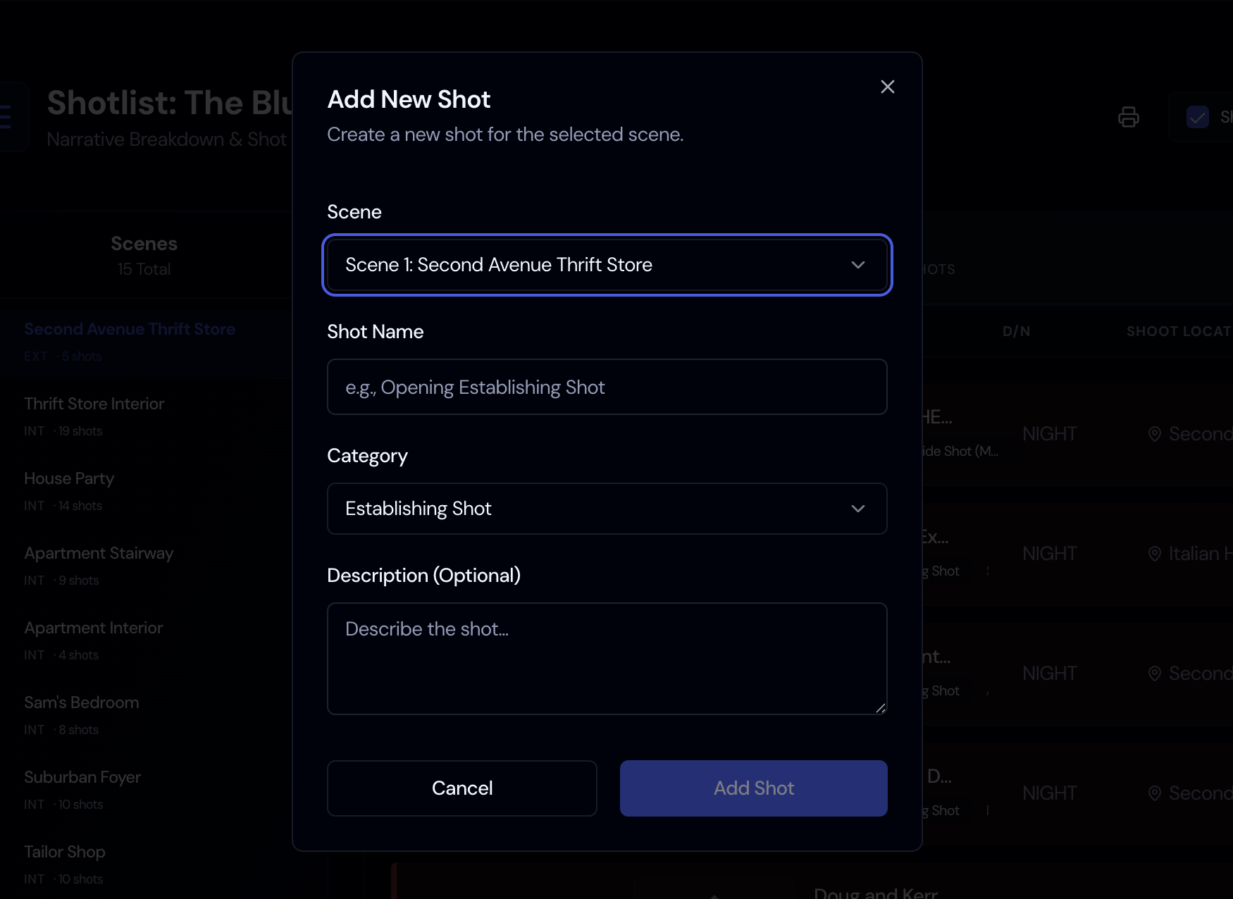 Screenshot: Shot Type Selection